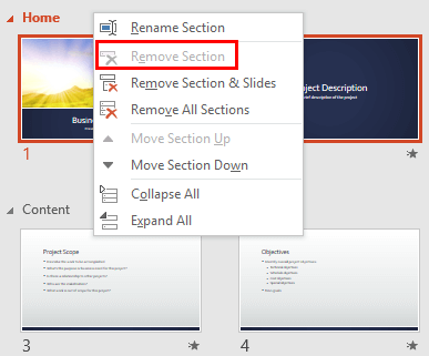 Remove Section option greyed out